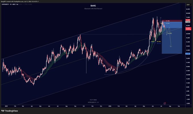 TradingView chart of $HYPE (Hyperliquid) showing a daily candle chart with an ascending channel pattern, a swing short plan targeting the pre-ATH level of $59.50, with an annotated forecast window suggesting further volatility ahead.