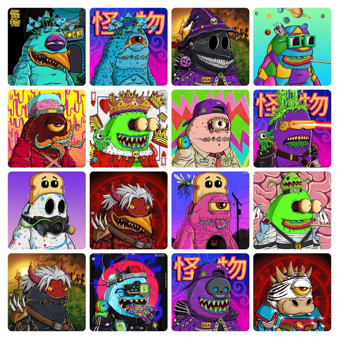 A 4x4 grid of various colorful monster character illustrations in different costumes and themes, some featuring Japanese text.