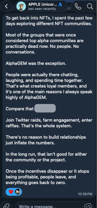 A Telegram message from APPLE Unicorn discussing NFT communities, noting that most top alpha communities are 'practically dead' except AlphaGEM, and criticizing Twitter raids and engagement farming as unsustainable.