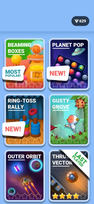 A mobile game menu showing six mini-game thumbnails with titles 'Beaming Boxes' (Most Popular!), 'Planet Pop' (New!), 'Ring-Toss Rally' (New!), 'Gusty Grove', 'Outer Orbit', and 'Thrust Vector' (Last Played), with 629 gems displayed at the top.