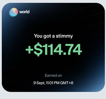 A promotional graphic from World (world_xyz) showcases a successful "stimmy" reward notification in the amount of "+$114.74," earned on 9 Sept at 11:01 PM GMT+8, displayed against a dark background with the World logo in the top-left corner. The image relates to the post by serving as visual proof of a referral-based airdrop claim through World.xyz, where users are directed to use Phantom Wallet directly to receive tokens, with the caption emphasizing a limited pool and first-come-first-served availability for those signing up via the provided referral link.