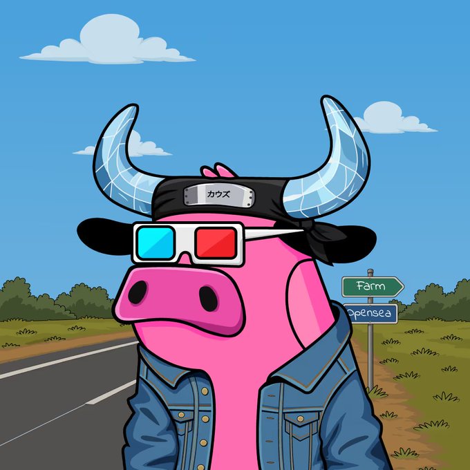 A cartoon pink bull wearing a black bandana with Japanese text, 3D glasses, and a denim jacket, standing on a road with a signpost pointing to 'Farm' and 'Opensea' directions.