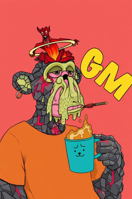 A cartoon illustration of a green, tentacled monster with a small red devil on its head, holding a mug of coffee, with the yellow text 'GM' on a red background.