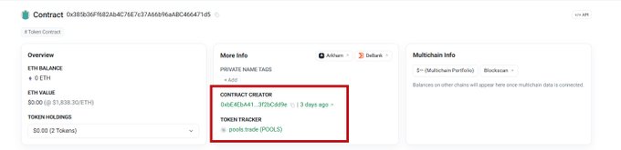A screenshot of an Etherscan token contract page showing overview details, with a red box highlighting the 'CONTRACT CREATOR' and 'TOKEN TRACKER' info for 'pixels trade (PIXELS)'.