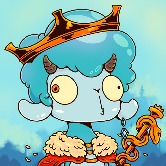 A cartoon illustration of a blue-haired character wearing an orange crown and holding a golden staff with a crystal on top, set against a blue sky background.