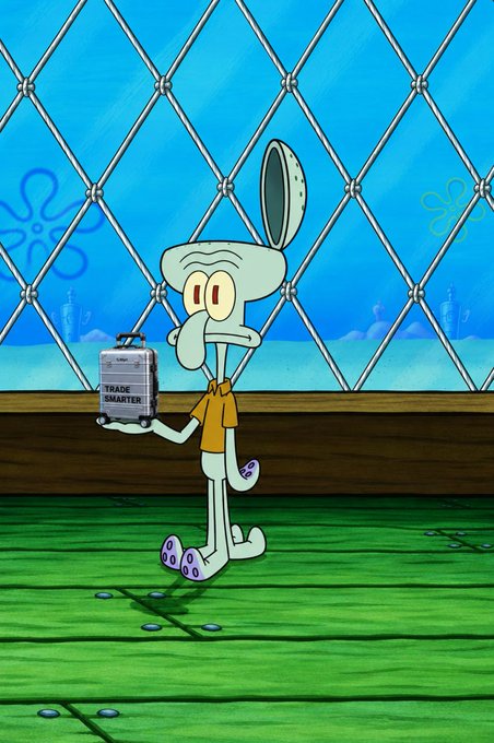 An animated scene of Squidward from SpongeBob SquarePants holding a small briefcase labeled 'TRADE SMARTER' inside the Krusty Krab.