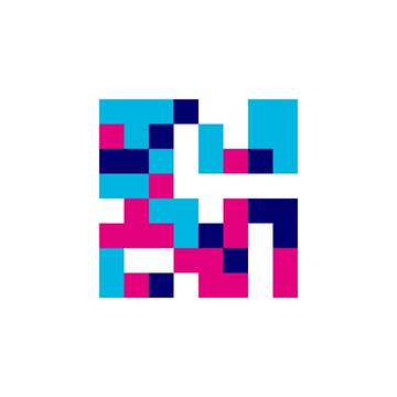 A small pixel art graphic composed of blue, pink, and white squares on a white background.