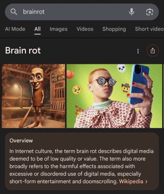 A Google search for "brain rot" showing an overview that defines the term as Internet culture describing low-quality digital media and harmful effects from excessive short-form content and doomscrolling.