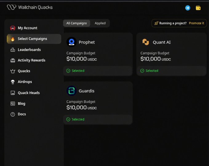The image shows a computer screen displaying a list of campaigns, including one for Quantum AI. The campaign names are displayed at the top of the page, with each campaign having its own set of details such as budget, target audience, and status (running or not running). A user can select which campaigns they want to run on their laptop by clicking on the campaign name in the top left corner. The post about wallchain eligibility is related to this image because it suggests that users should check if they are qualified for a particular campaign before proceeding with it.