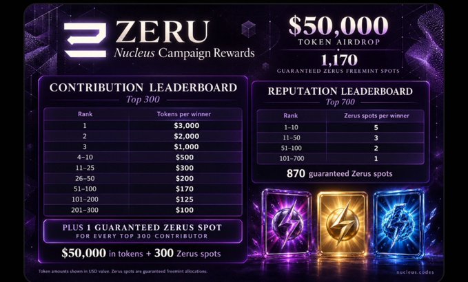 A promotional graphic for the ZERU Nucleus Campaign Rewards, offering $50,000 in token airdrops and 1,170 guaranteed Zerus freemint spots, with Contribution and Reputation leaderboard rankings and a total prize pool of $50,000 in tokens plus 300 Zerus spots.