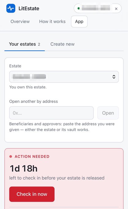 A screenshot of the LitEstate app showing an estate dashboard with an 'ACTION NEEDED' warning stating '1d 18h left to check in before your estate is released' and a red 'Check in now' button.