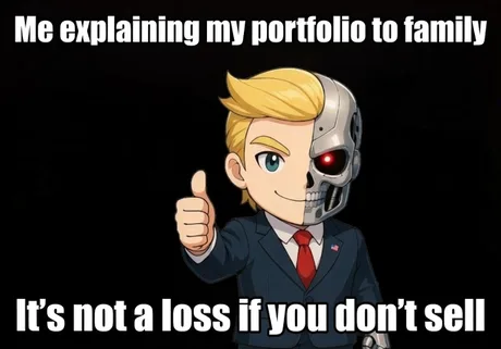 The image is a meme featuring a cartoon character with half-human and half-robot face giving a thumbs up, with text reading "Me explaining my portfolio to family" at the top and "It's not a loss if you don't sell" at the bottom. It humorously illustrates the post's message about denying investment losses by avoiding selling, often used to cope with a declining portfolio.
