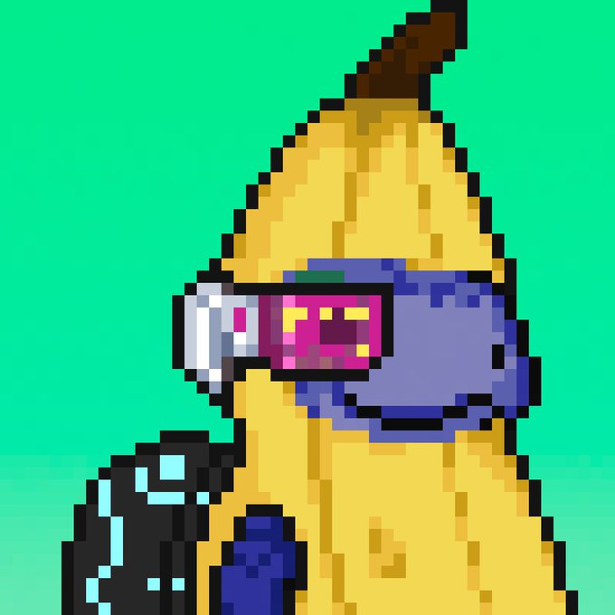 A pixel-art illustration of a yellow banana character wearing a purple top and futuristic pink visor goggles against a green background.