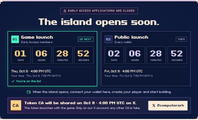 A countdown timer webpage titled 'The island opens soon' showing 'Game launch' for early access members on Thu, Oct 8 at 4:00 PM UTC, and 'Public launch' on Fri, Oct 9, with 'Rcomputersrh' as the associated X account.