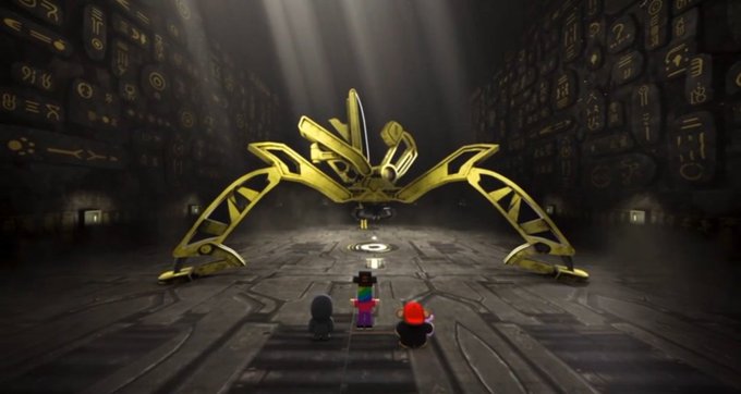 A 3D-rendered scene showing small Roblox-style characters facing a large golden mechanical spider-like creature in a dark temple with hieroglyphic walls.