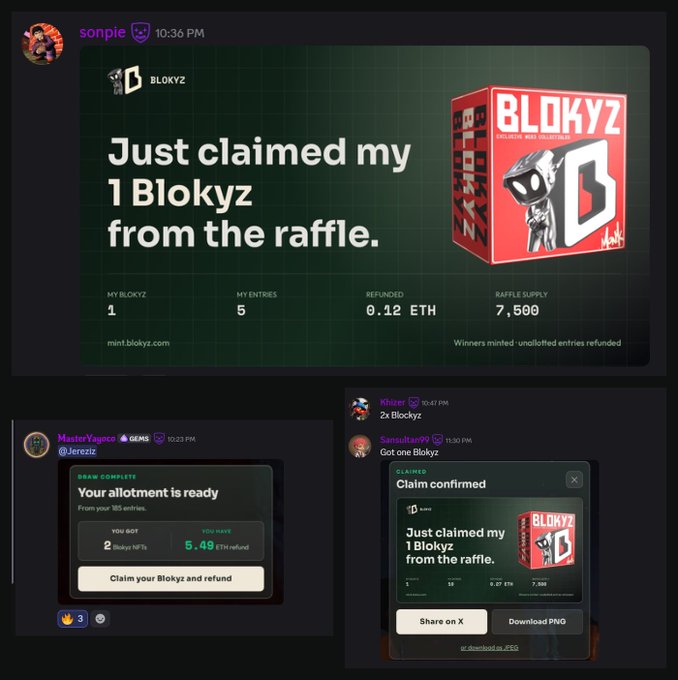 A collage of three Discord screenshots shows community members claiming their Blokyz raffle allocations, with key stats visible including "MY BLOKYZ: 1," "MY ENTRIES: 5," "REFUNDED: 0.12 ETH," and "RAFFLE SUPPLY: 7,500," while a MasterYapper post displays "2 Blokyz NFTs" with "5.49 ETH refund." The image illustrates the post's celebration of community members successfully winning their Blokyz raffle slots.