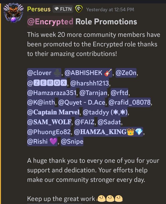 A Discord announcement from Perseus (FLTN) titled '@Encrypted Role Promotions,' listing 20 community members promoted to the Encrypted role for their contributions.