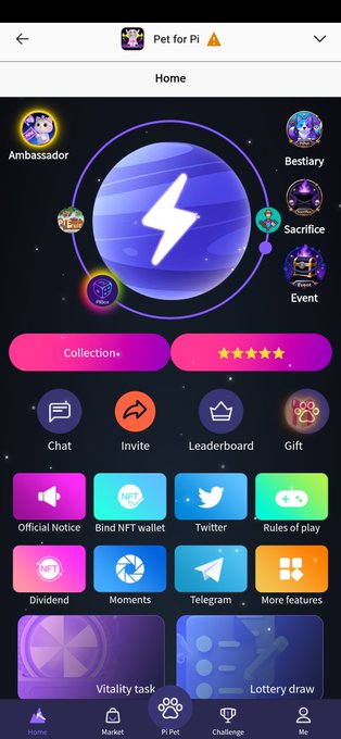 A screenshot of the 'Pet for Pi' mobile app interface showing a Home screen with sections for Ambassador, Bestiary, Sacrifice, Event, and various features like Chat, Invite, Leaderboard, and Gift.