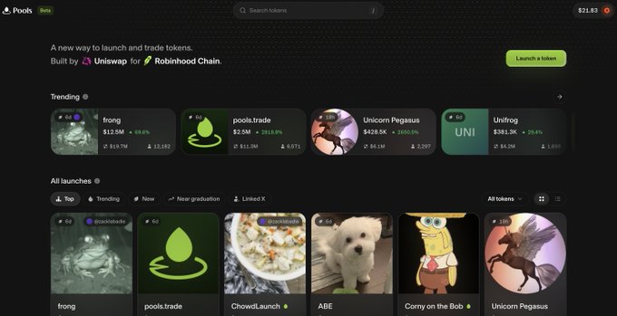 A screenshot of the Pools token launch platform, featuring a search bar and trending tokens including 'frong' ($12.5M, +16.6%), 'pools.trade' ($2.5M, -211.6%), 'Unicorn Pegasus' ($428.5K, +2106.0%), and 'Unihog' ($38.2K, +24.6%).