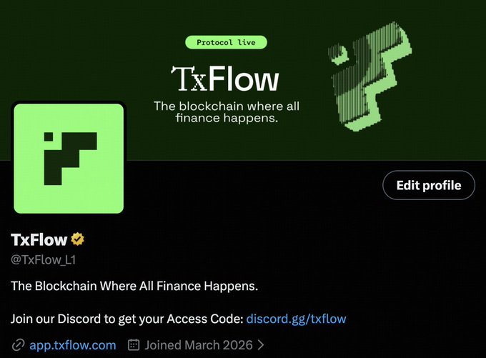 The image shows the Twitter/X profile of **@TxFlow_L1**, a live blockchain protocol described as "The Blockchain Where All Finance Happens," featuring its logo and a Discord invite link (discord.gg/txflow) for access codes. In context of the "top 4 perp DEXs" post, TxFlow is likely listed as one of the featured perpetual decentralized exchanges.