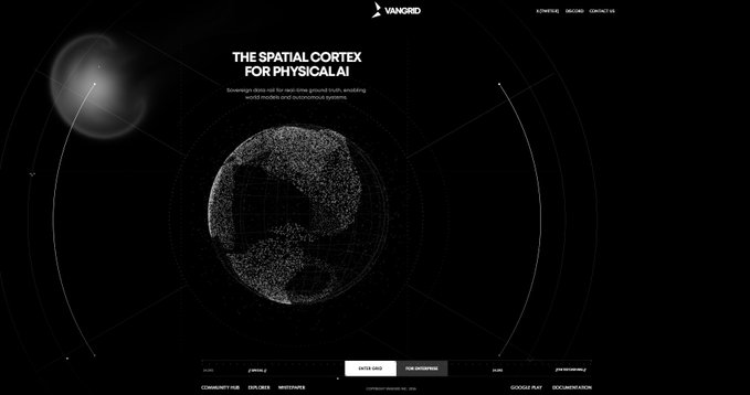 A dark-themed website hero section for 'VANGRID' features the headline 'THE SPATIAL CORTEX FOR PHYSICAL AI' above a stylized 3D dotted globe and navigation links including COMMUNITY HUB, EXPLORE, and WHITEPAPER.