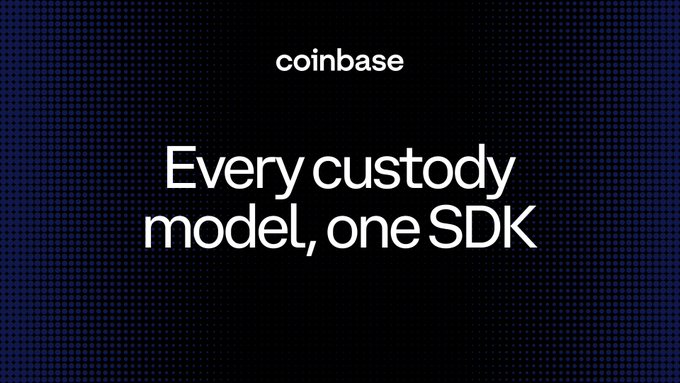 A dark blue Coinbase promotional graphic featuring the white "coinbase" logo at the top and the bold headline "Every custody model, one SDK" centered below it, visually supporting the announcement of Coinbase Developer Platform's flexible custody options through a unified SDK.