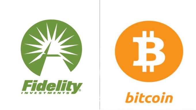 A side-by-side comparison showing the green "Fidelity Investments" logo on the left and the orange "bitcoin" logo on the right.