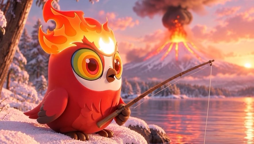 A 3D-rendered cartoon scene of a red owl with flame-like feathers holding a fishing rod by a snowy lake, with an erupting volcano in the sunset background.