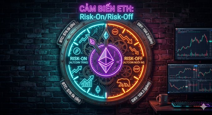 A neon-lit digital artwork featuring a glowing Ethereum logo inside a circular gauge labeled 'RISK-ON (ALCOIN TANG)' and 'RISK-OFF (ALTOIN NGOI M)', with text reading 'CÀM BIÊN ETH: Risk-On/Risk-Off', displayed above trading monitors.