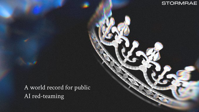 A sparkling, intricate tiara is displayed on a dark background with the text 'STORMRAE' and the phrase 'A world record for public AI red-teaming'.