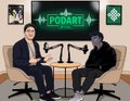 Two men in suits sit in chairs during a podcast interview at Podfast, with a green sign in the background.