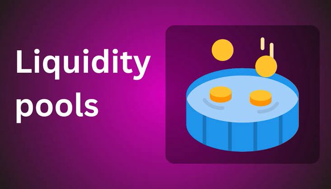A graphic illustrating 'Liquidity pools' with the text on the left and a 3D icon of a blue pool with floating coins on the right.