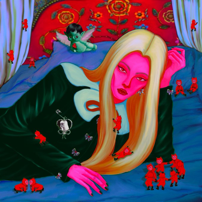 A vibrant digital painting depicts a woman with striking pink skin and long blonde hair reclining on a bed, surrounded by small red cherub figures and a green winged cherub, with an ornate floral tapestry behind her. The artwork relates to the post as it is the "Secret Sanctuary" NFT collection piece, being sold as a 1/1 edition for 0.003 ETH on Transient Labs.