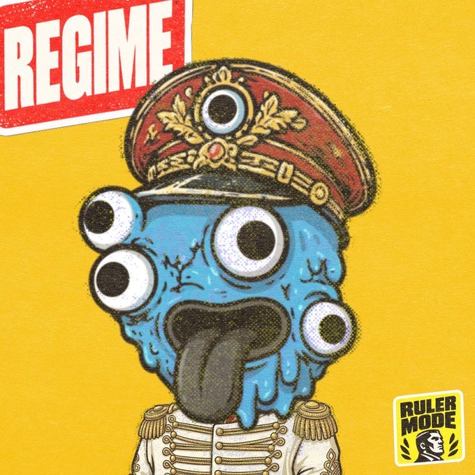 An illustration of a blue, melting cartoon character with multiple eyes wearing a military cap, with "REGIME" in a red stamp and a "RULER MODE" badge.