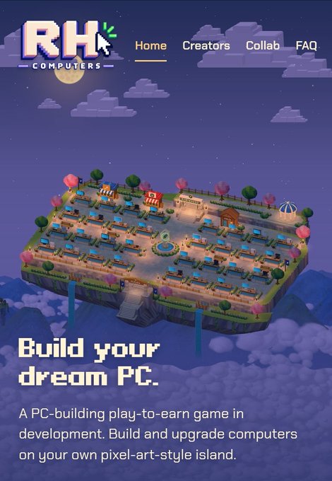 A promotional image for 'RH COMPUTERS' website with a pixel-art style floating island featuring computer stations, reading 'A PC-building play-to-earn game in development. Build and upgrade computers on your own pixel-art-style island.'