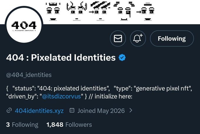 The image shows a Twitter post with a caption that reads " 404 : pixelated identities" followed by a list of pixelated faces, including a face from the @itsdizcorvus account. The post also mentions an email address for further inquiries or feedback about the identity supply.
