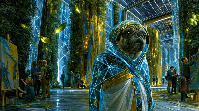 A regal pug dog dressed in an ornate blue and gold ceremonial robe stands prominently in a futuristic, verdant hall with glass walls and lush hanging gardens, while artists and onlookers paint or observe in the background. The piece, titled "Irene the Puggess," is the artist's contribution to the "EIRENIA – The Goddess of Peace" NFT collection drop on objkt.com.
