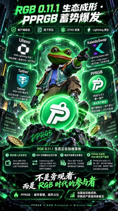 Chinese-language promotional poster for "RGB 0.11.1" and "PPRGB" ecosystem launch, featuring an anthropomorphic frog character in a green cyber-themed design, highlighting integrations with Utexo, KaleidoSwap, Tether, and Lightning.