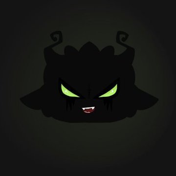 Stylized illustration of a cartoon demon character with glowing green eyes and small fangs against a dark background.