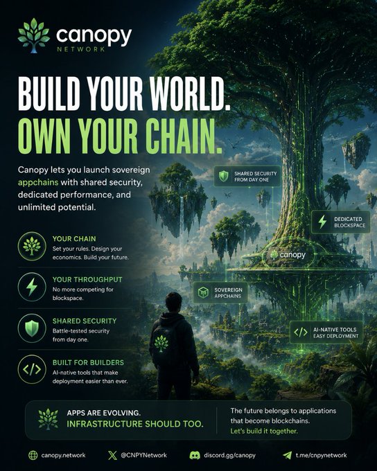 The image features a poster for Canopy Networks, which promotes the concept of building your own world using blockchain technology. The poster includes an illustration of a tree surrounded by clouds, symbolizing the idea that you can create your own digital ecosystem. It also contains text explaining how Canopy Network's platform allows users to build their own applications and launch them on blockchains without relying on traditional centralized servers or networks.