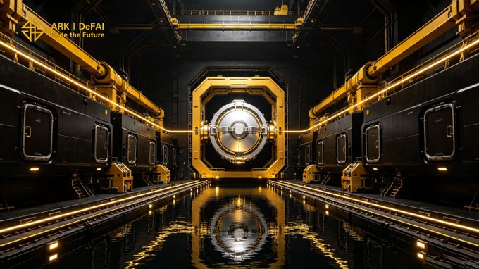 A futuristic corridor with glowing yellow and black industrial sci-fi architecture leads toward a central vault-like door, featuring the "ARK | DeFAI — Inside the Future" logo in the upper left. The high-tech, secure setting visually reinforces the post's message about a unified, trust-driven ARK ecosystem empowered by AI agents.