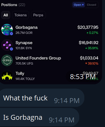 A mobile app screenshot showing a positions list with crypto holdings including Gorbagana ($20,377.95), Synapse ($16,941.92), United Founders Group, and Tolly, with chat messages below reading 'What the fuck' and 'Is Gorbagana' at 9:14 PM.