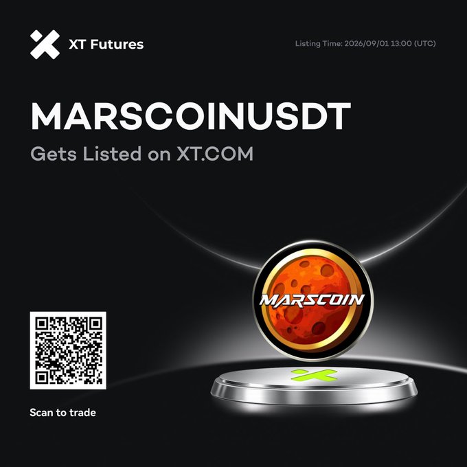 Promotional graphic announcing 'MARSCOINUSDT Gets Listed on XT.COM' with listing time 2026/09/01 13:00 UTC and a QR code to scan to trade.