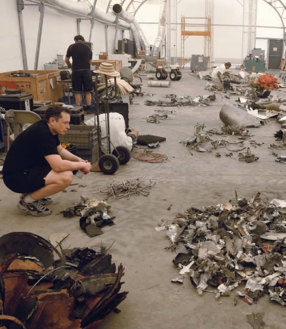 A man squats in a workshop examining debris, with piles of metal scrap and other workers visible in the background. The image doesn't directly illustrate the message, but ironically shows someone "flipping" through scrap for profit, mirroring the post's investment doubling strategy.
