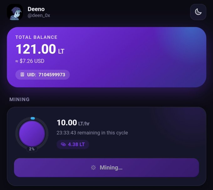 The image shows the Ultra Wallet dashboard for user "Deeno" (@deen_0x), displaying a total balance of 121.00 LT (~$7.26 USD) with UID 7104599973, alongside an active mining status producing 10.00 LT/hr with 23:33:43 remaining in the current cycle and 4.38 LT earned at 2% progress. This visual supports the post by illustrating the wallet's core features—particularly its LT token mining function—giving readers a concrete look at the earnings and interface being described.