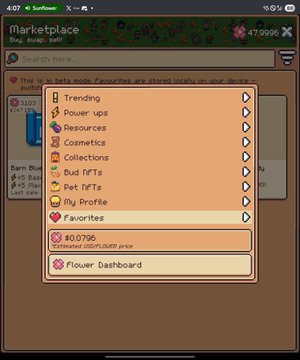 The image presents an interesting game interface with a screen filled with various elements related to the game, such as a "Flower Dashboard" that displays some details about a flower trading application, a shopping cart for products, and a list of favorites.