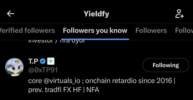 Twitter/X profile for T.P (@0xTP91) showing bio 'core @virtuals_io ; onchain retardio since 2016 | prev. tradfi FX HF | NFA' viewed under the Yieldfy 'Followers you know' section.