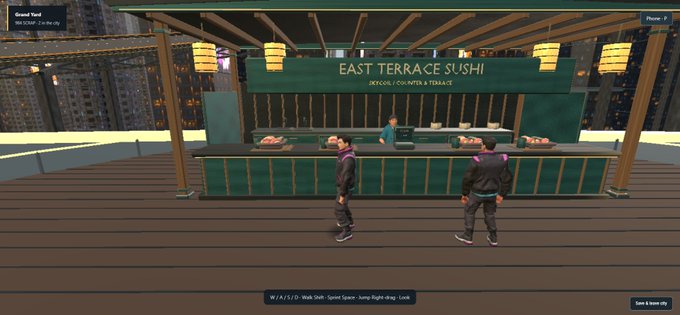A video game screenshot showing two characters standing in front of an 'EAST TERRACE SUSHI - SKYCOMOIR | COURTEN & TERRACE' counter on a rooftop terrace.