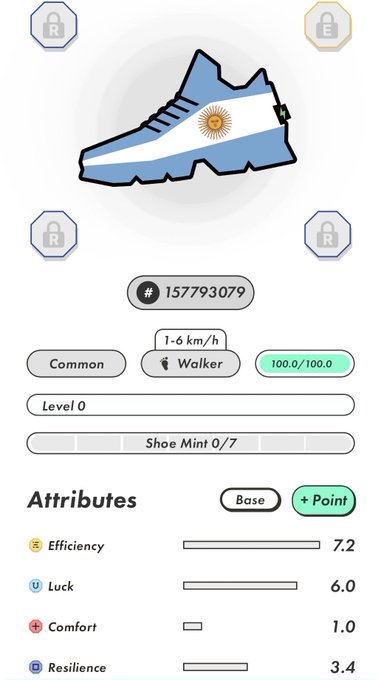 A sneaker NFT profile screen showing an Argentina flag-themed shoe (#157793079) with attributes: Efficiency 7.2, Luck 6.0, Comfort 1.0, and Resilience 3.4.