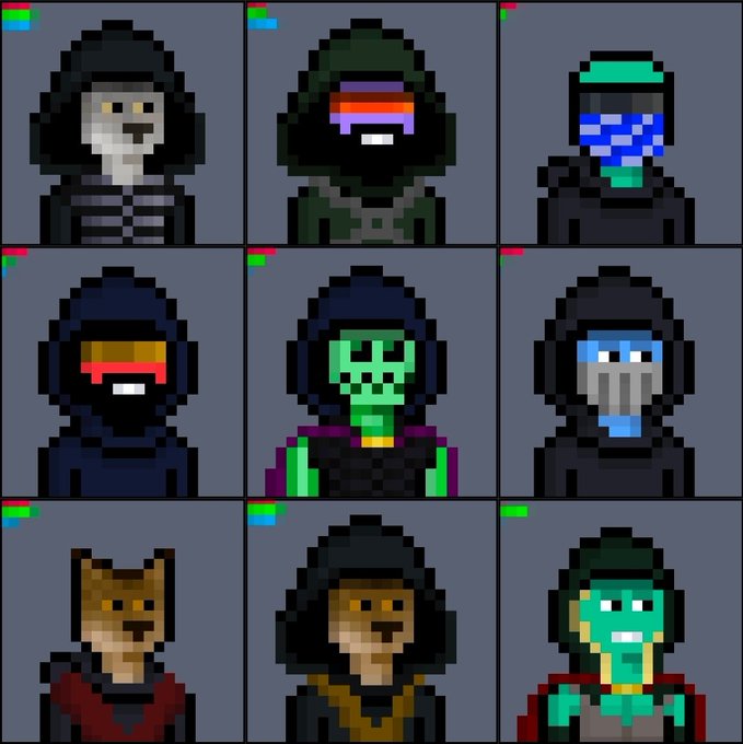 A 3x3 grid of pixel art hooded figures, each wearing different colored masks including skull, animal, and visor designs.